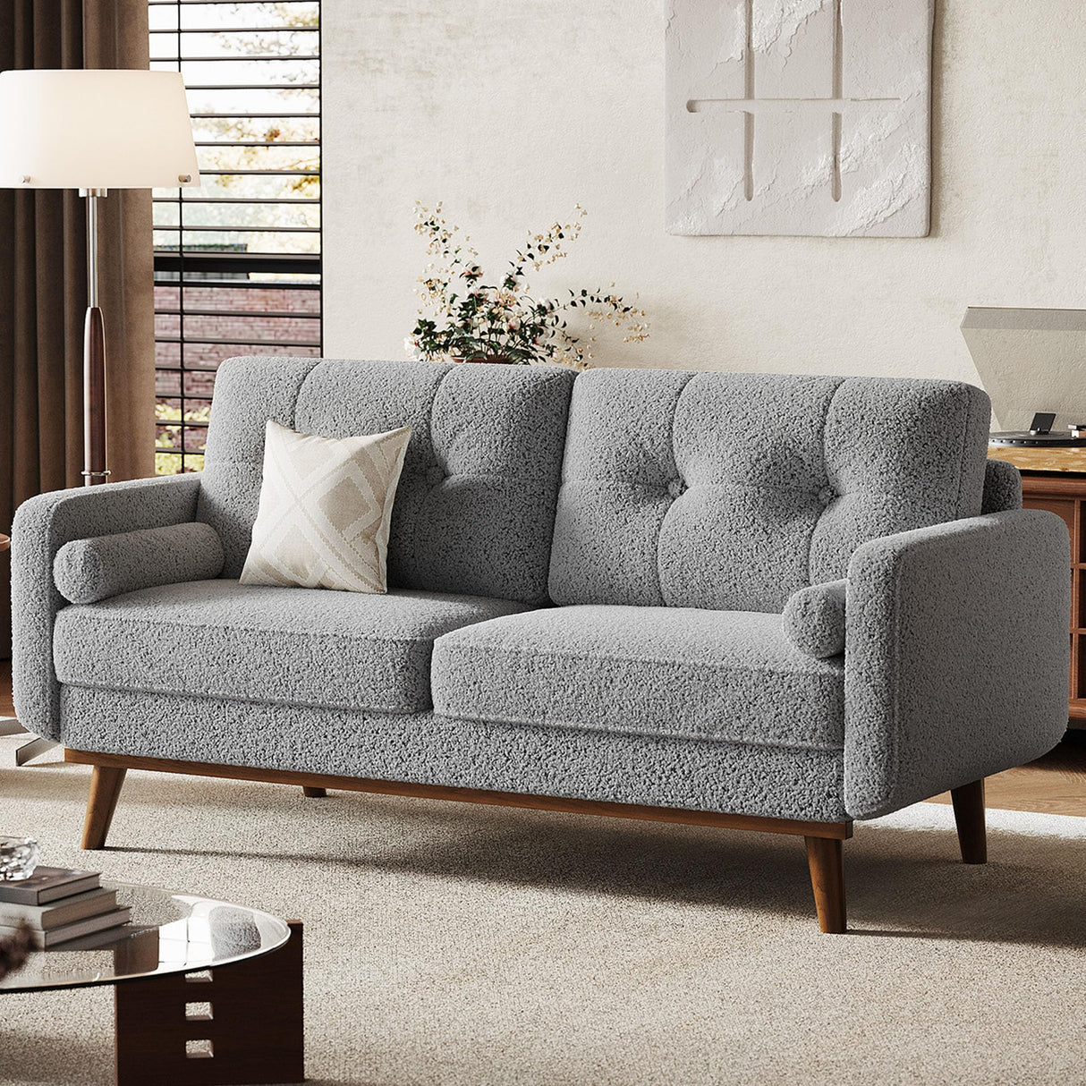 GarveeHome 65 in Loveseat Sofa, Mid Century Modern Couch Comfy Love Seat Couches for Living Room, 2 Seater Deep Seat Couch Teddy Fleece Boucle Upholstered Couches for Bedroom Office Small Space, Grey GarveeHome