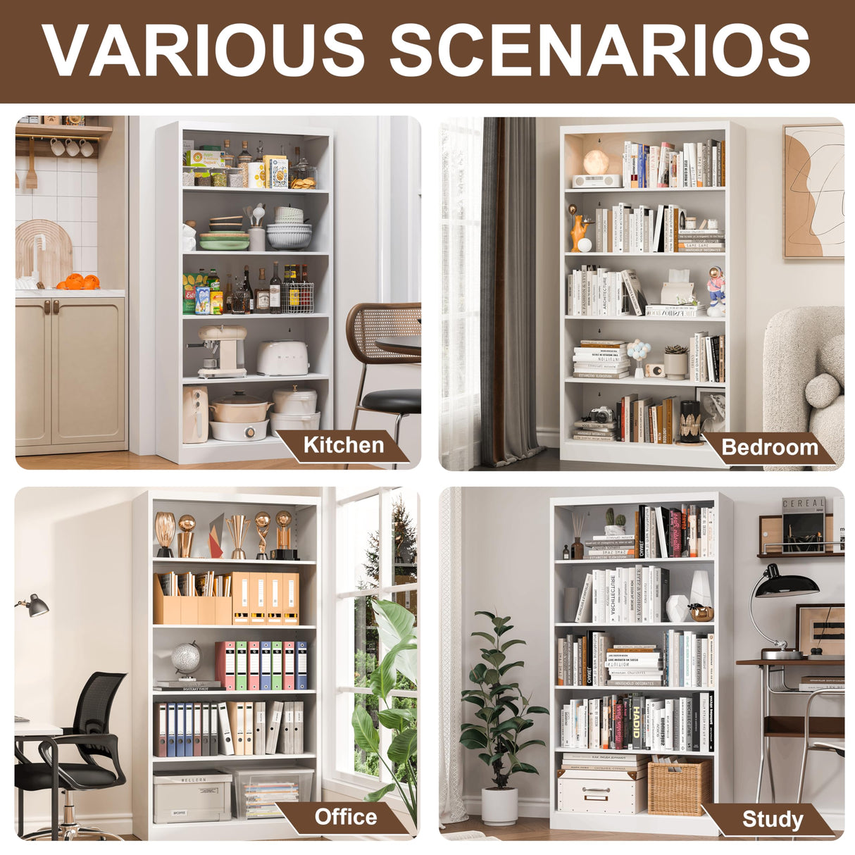 CBNTKI Metal Bookcase and Bookshelf, 66 in Tall Heavy Duty Bookshelf with 4 Adjustable Storage Shelves, Large Deep Bookcase for Home, Library, Office, Bedroom, School, White CBNTKI