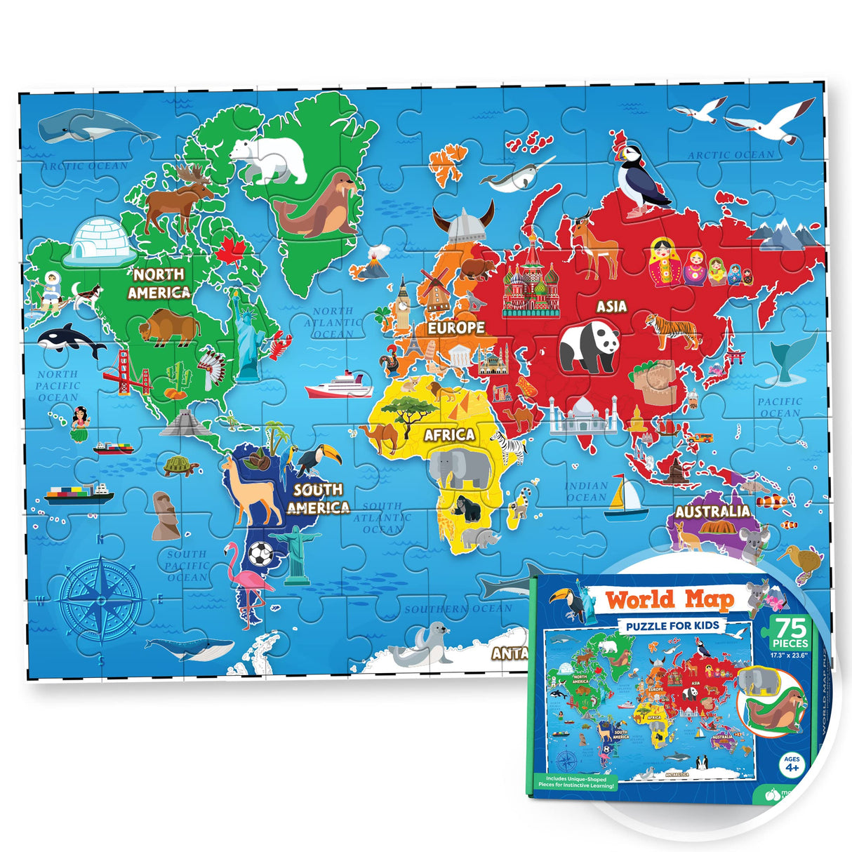 World Map Puzzle for Kids - 75 Piece - World Puzzles with Continents - Childrens Jigsaw Geography Puzzles for Kids Ages 4-8, 5, 6, 7, 8-10 Year Olds - Globe Atlas Puzzle Maps Momo & Nashi