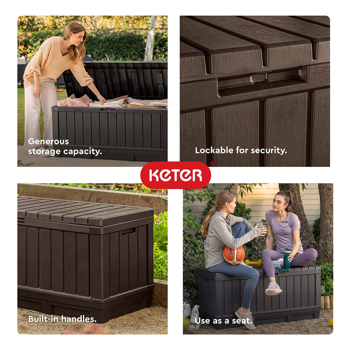 Keter Kentwood 92 Gallon Resin Deck Box-Organization and Storage for Patio Furniture Outdoor Cushions, Throw Pillows, Garden Tools and Pool Floats, Dark Grey Keter