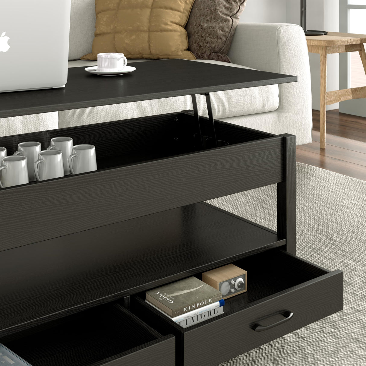 Panana Modern Coffee Table Lift Top Coffee Table with Drawers and Hidden Compartment, Tea Table with Wooden Lift Tabletop, for Living Room (Black) Panana