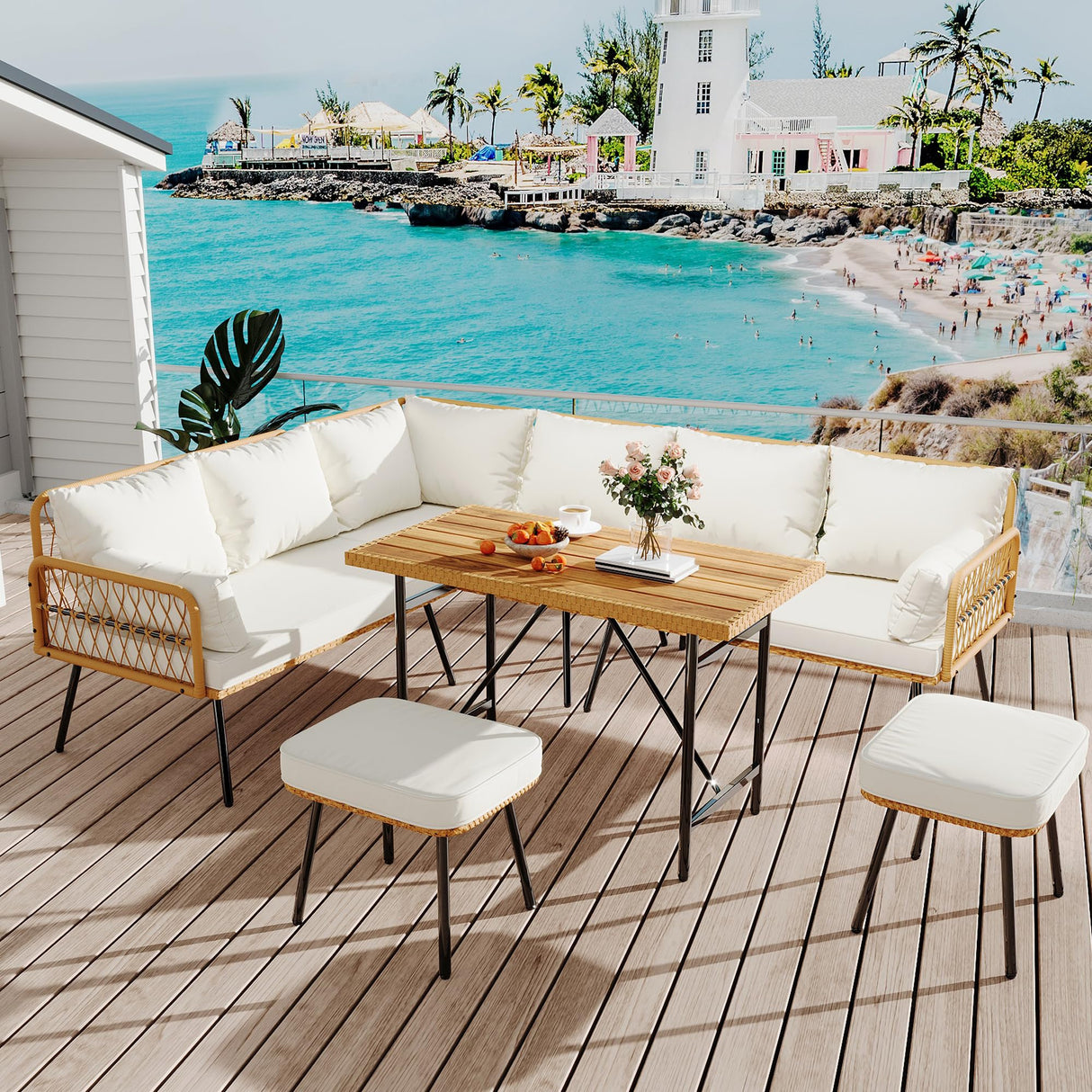 Senfot 6 Pieces Outdoor Patio Furniture Set with Table, All-Weather Boho Wicker Rattan Patio Sectional L-Shaped Sofa, Metal Frame, Detachable Cushions, for Patio, Balcony, Backyard, Deck, Beige Senfot