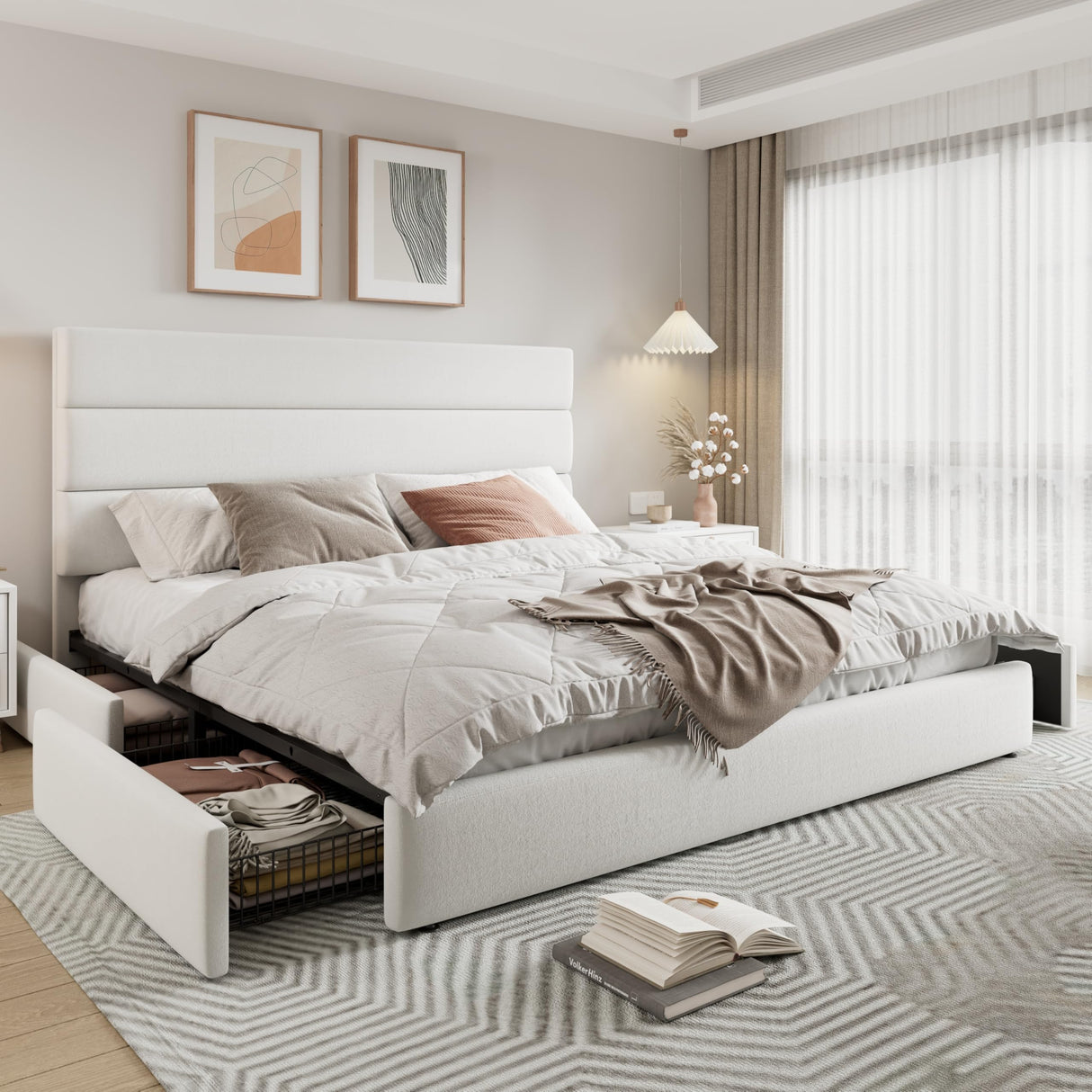 Allewie Modern King Size Platform Bed Frame with 4 Storage Drawers and Velvet Upholstered Headboard, Wooden Slats Support, Upholstered Mattress Foundation/No Box Spring Needed/Easy Assembly, White Allewie