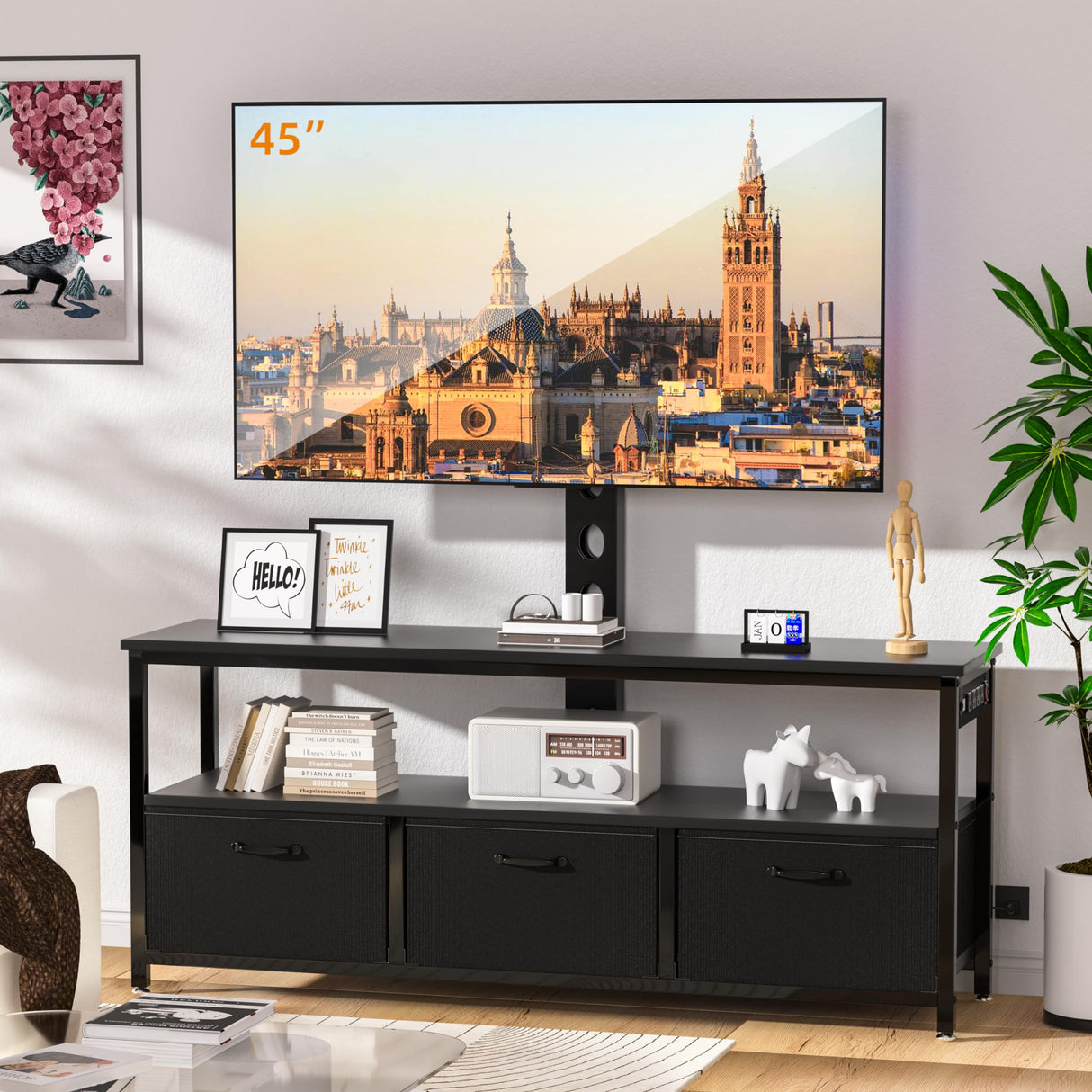 TV Stand with Mount and Power Outlet, Swivel TV Stands Mount with LED Lights for 32/45/55/60/65 inch TVs, Tall Entertainment Center with Storage, Media Console Cabinet for Living Room, Bedroom, Black MJOMKN