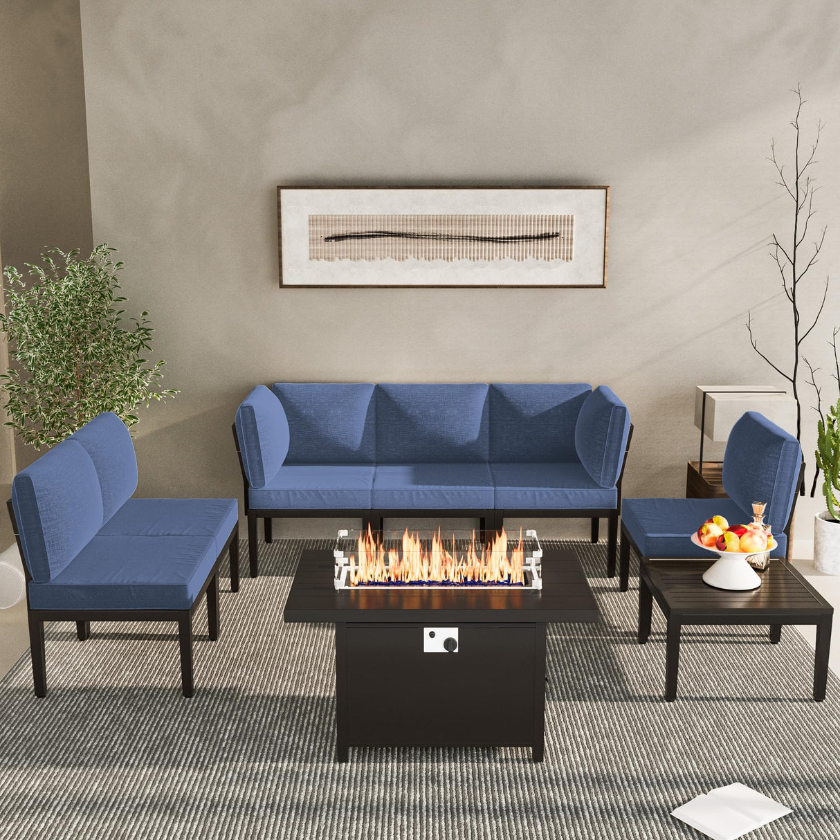 ASJMR Patio Furniture Set,8 Pieces Modern Outdoor Conversation Set w/43in Gas Fire Pit Table, Outdoor Metal Sectional Sofa with 55000 BTU Propane Fire Pit. ASJMR