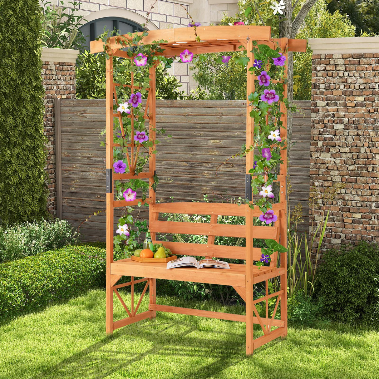 HAPPYGRILL Patio Garden Arbor with Bench, Wooden Garden Arch w/Pergola & 2 Trellises for Climbing Plants Vines Grapes, 48''W x 75''H 2-Person Outdoor Bench for Wedding Party Ceremony Backyard HAPPYGRILL