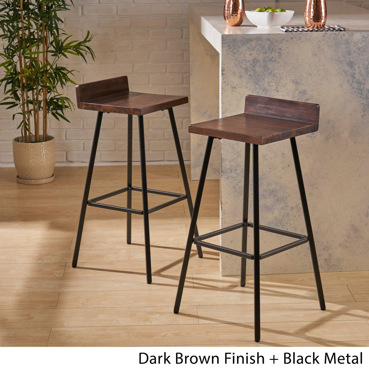 Christopher Knight Home Hazel Indoor Bar Stools, Modern, Contemporary, Dark Brown Acacia Wood with Iron Legs (Set of 2) Christopher Knight Home