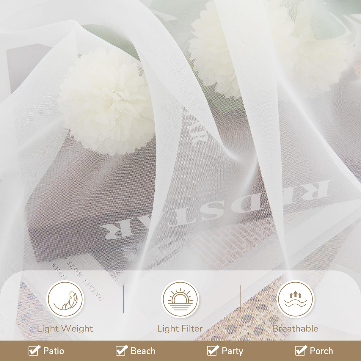 Awnmeow Outdoor Sheer Curtains for Patio Waterproof, 2 Panels Rod Pocket Indoor/Outdoor Voile White Sheer Curtain for Pergola, Porch, Cabana and Gazebo,52 x 84 Inch Awnmeow