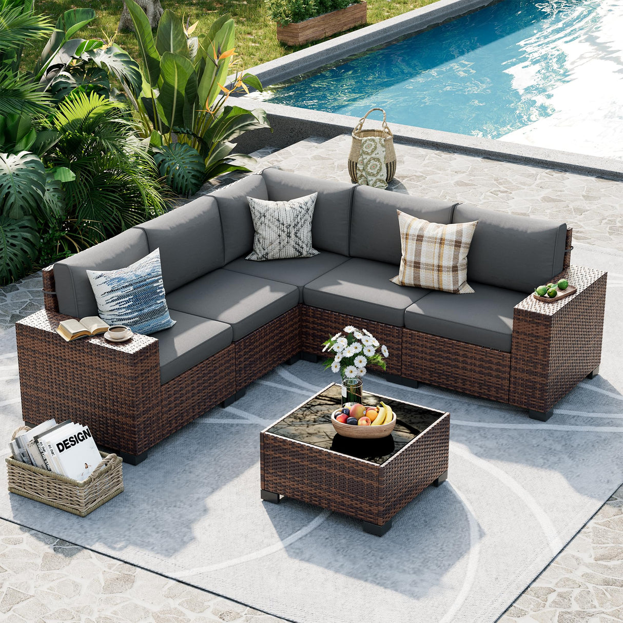 UDPATIO Patio Furniture Set, 8 Inch Armrest Outdoor Sectional Sofa, 6 Piece Wicker Outdoor Furniture Conversation Sets with Waterproof Cover and Coffee Table for Backyard Deck(Brown/Dark Grey) UDPATIO