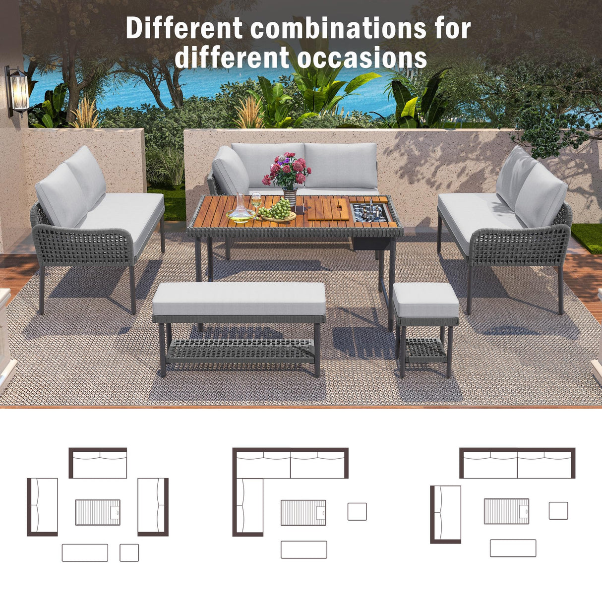 Merax 6 Piece Rope Patio Furniture L-Shaped Set, Outdoor Sectional Sofa Set with Acacia Wood Table with Ice Box, Rope Benches, Rope Conversation Set with Deep Seating & Thick Cushion for Couch,Grey Merax