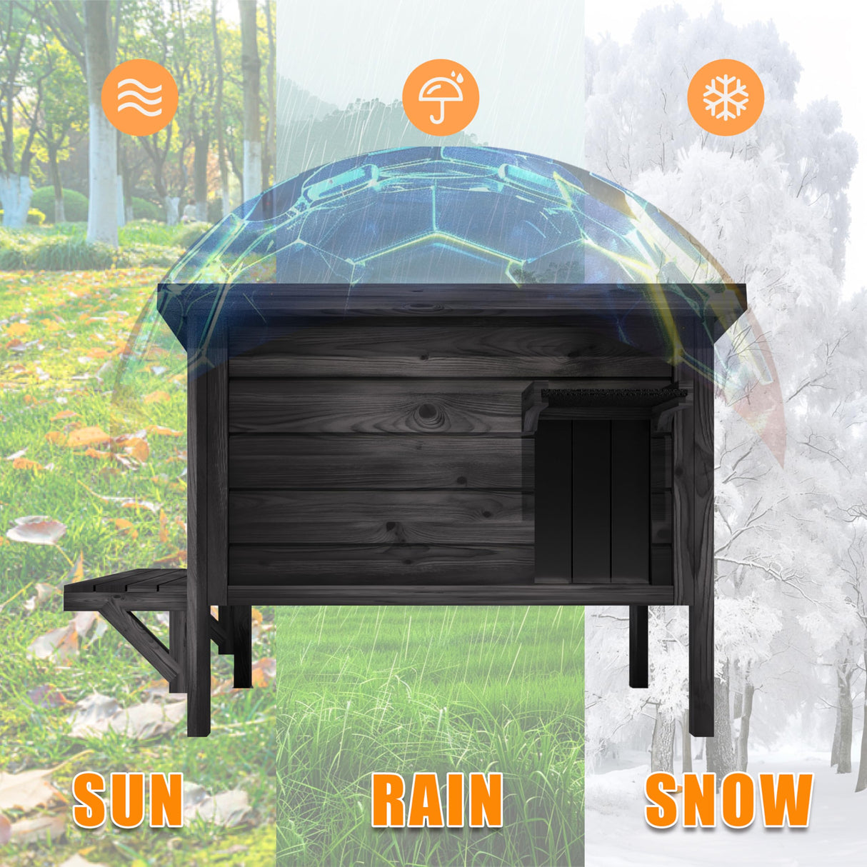 Black Outdoor Cat House Weatherproof Feral Cat Enclosure with Ice Pad for Summer, 100% Insulated All-Round Foam, Wood Large Feral Cat House for Multiple Cats 34.25" L*21.65" W*24.78" H CHXJF