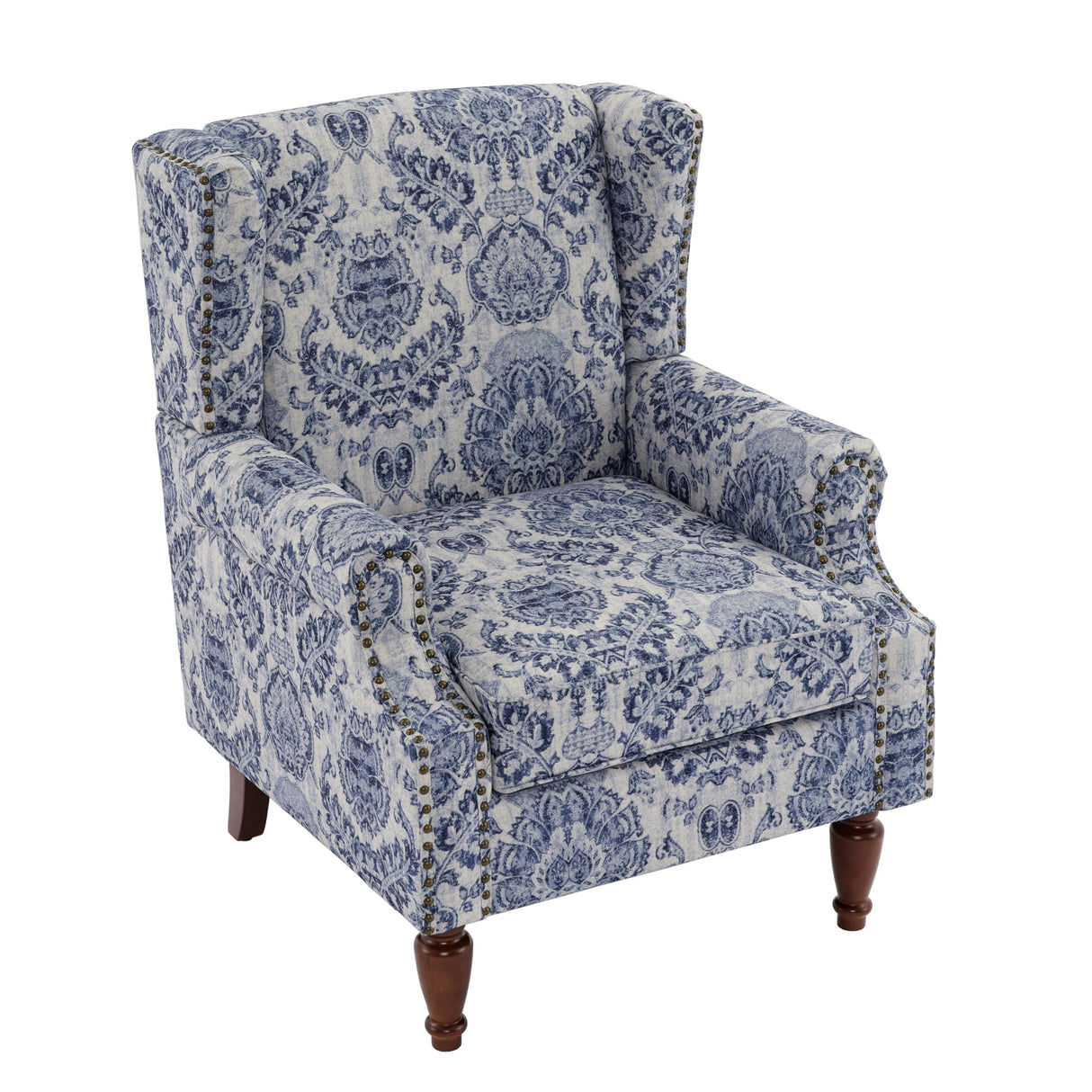 UIXE Floral Accent Chair, High Back Pattern Arm Chair for Living Room, Traditional Fabric Armchair Comfy Upholstered Sofa Reading Seat with Nailhead Trim & Retro Wood Legs - Navy UIXE