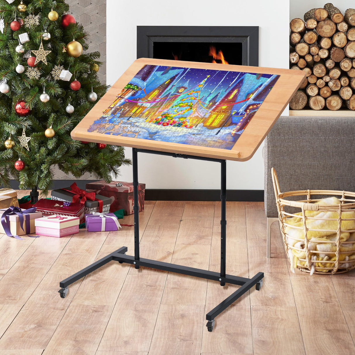 KROFEM Rolling Jigsaw Puzzle Table with Wheels, Adjustable Height, Pneumatic Tilt, Extra Large for 1500 Pieces, Portable Puzzle Cart, Black KROFEM