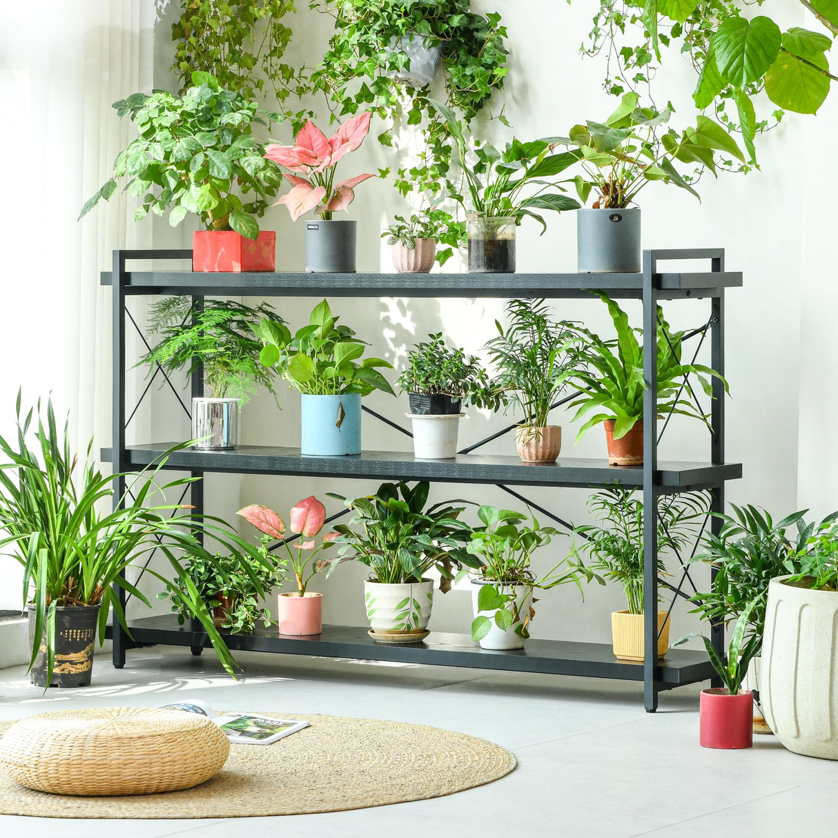 HCHQHS Bookshelf, 3-Tier Long Industrial Bookcase, Black Open Book Shelf, Freestanding Horizontal Bookshelves with Metal Frame HCHQHS