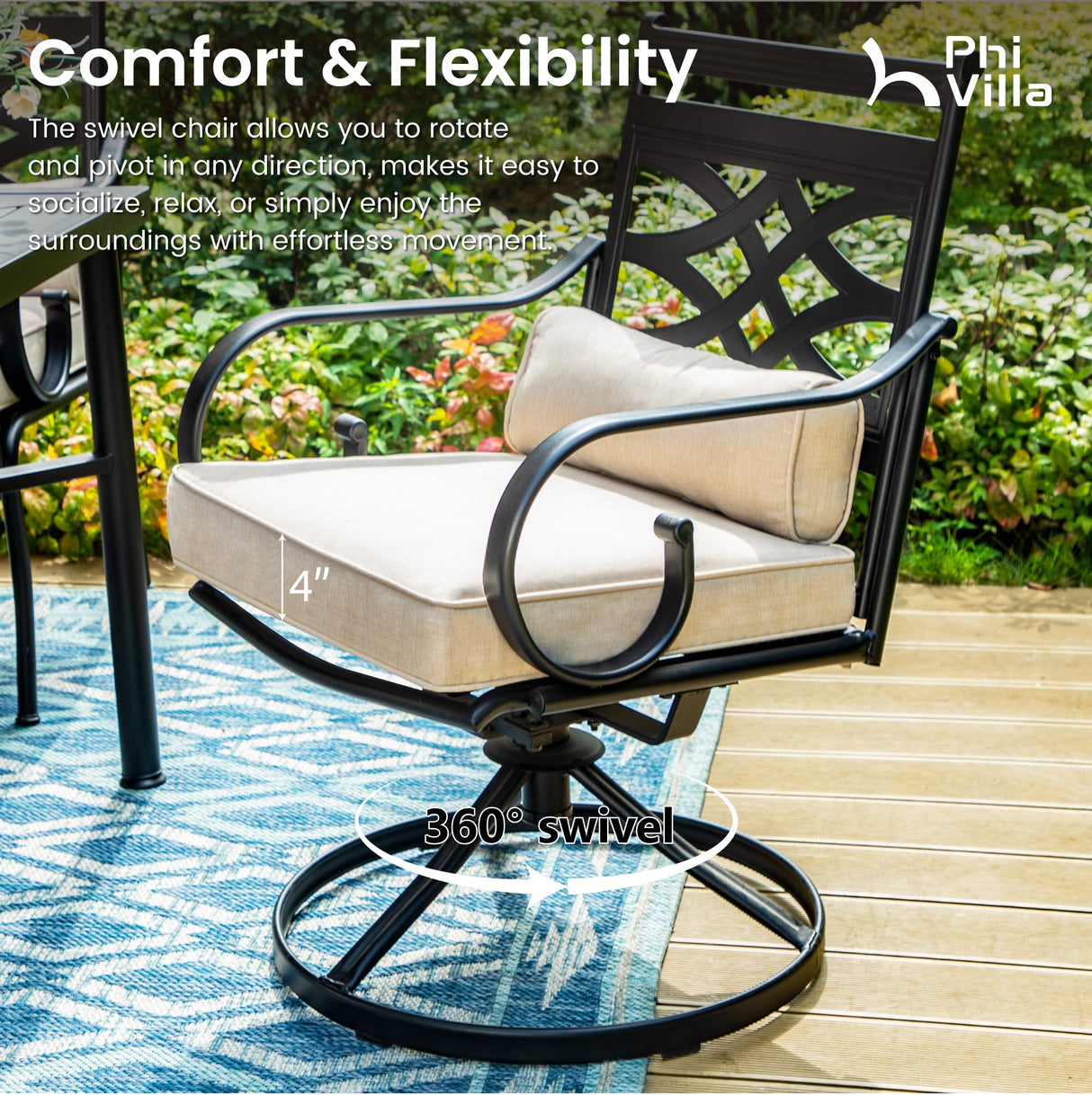 PHI VILLA Outdoor Patio Dining Set for 4 with 10ft 3-Layer Auto-tilt Round Umbrella(Beige),Includes 4 Outdoor Swivel Chairs with Cushions and a Metal Round Table, Perfect for Garden, Lawn, or Deck PHI VILLA