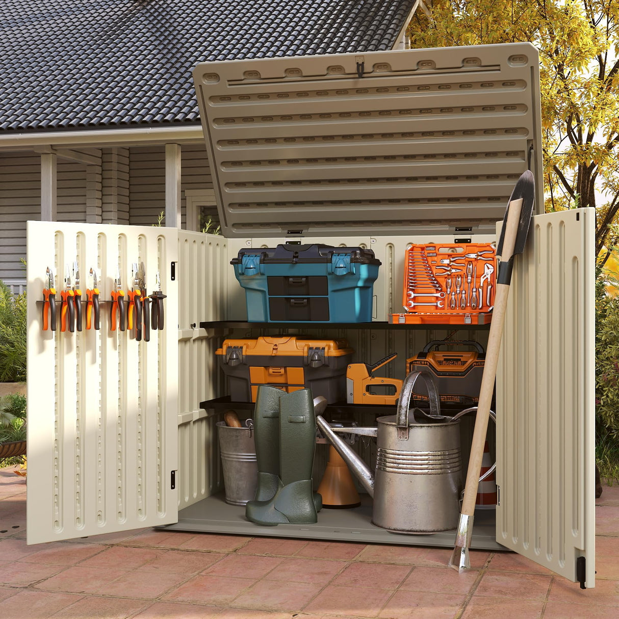 EHHLY Horizontal Resin Storage Shed, 47 Cuft Garden Tool Sheds & Outdoor Storage, Outdoor Plastic Storage Cabinet Waterproof, 4.5 x 2.8 ft Backyard Outside Lawn Mower Storage Shed, Vanilla EHHLY