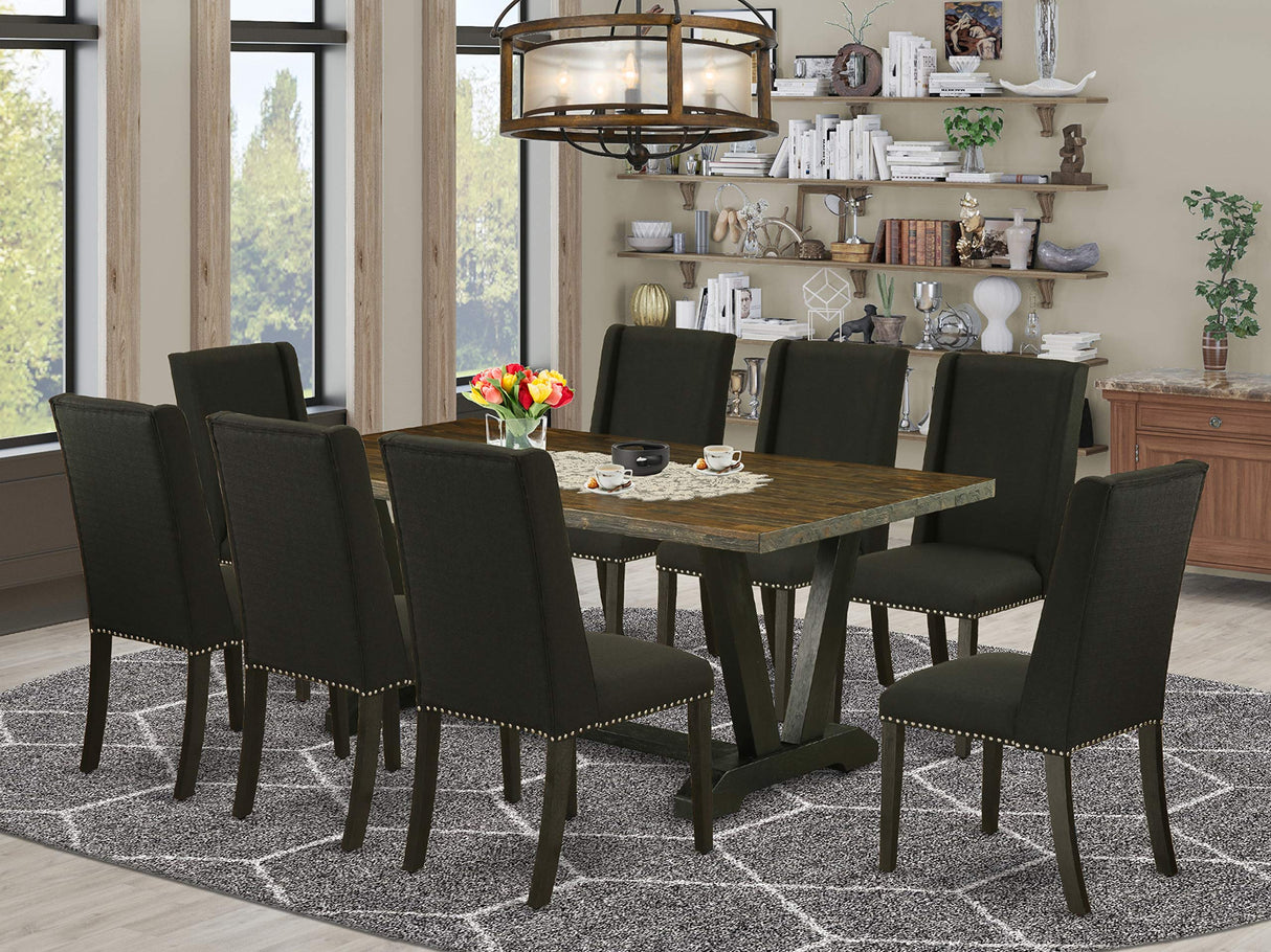 East West Furniture V-Style 9 Piece Kitchen Set Includes a Rectangle Table with V-Legs and 8 Black Linen Fabric Parsons Dining Chairs, 40x72 Inch, V677FL624-9 East West Furniture