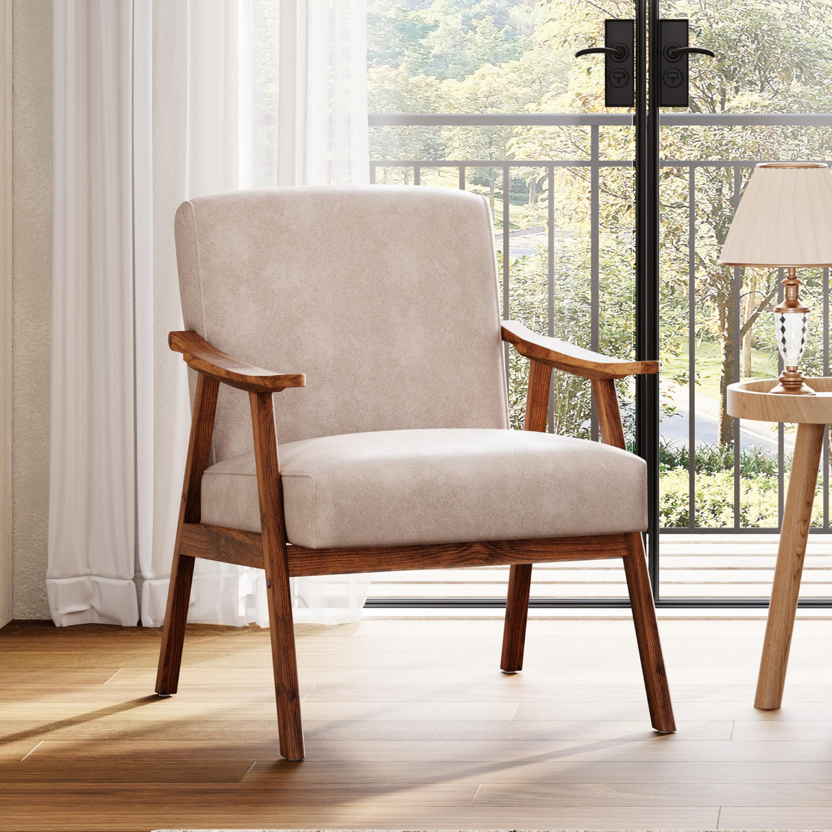 COCONINO WJ Mid Century Accent Chair, Boho Farmhouse Accent Chairs for Living Room, Retro Single Lounge Reading Armchair with Solid Wood Frame (Polyester Fabric in Light Camel) COCONINO WJ