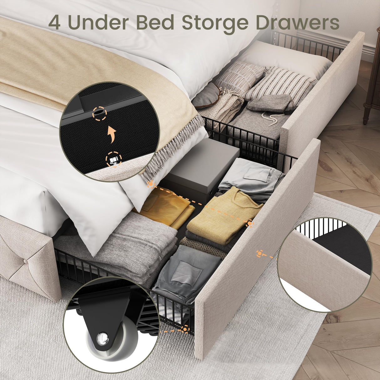 LARMACE Full Size Bed Frame with 4 Storage Drawers and Wingback Headboard Linen Upholstered Platform Bed Frame Tufted Beds with Wooden Slats Support, Easy Assembly, Beige LARMACE