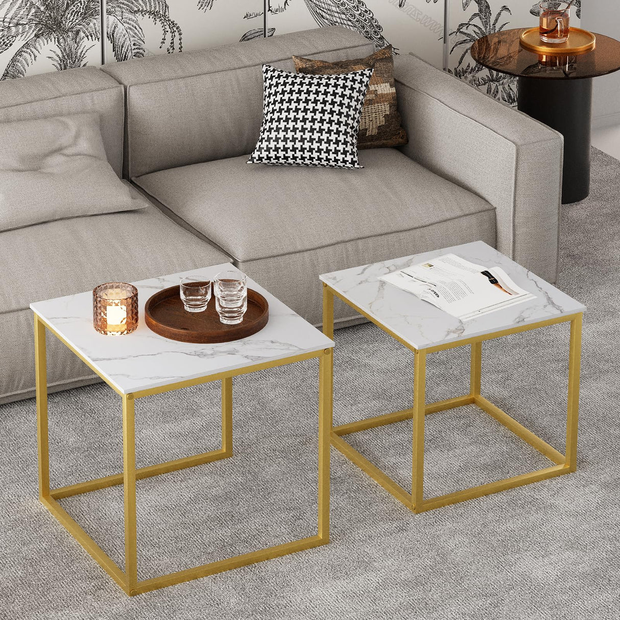 VILAWLENCE Modern Coffee Table Set of 2, Gold Wooden Nesting Side Table, Metal Frame Square End Table, Center Tables for Living Room,Bedroom and Small Spaces VILAWLENCE
