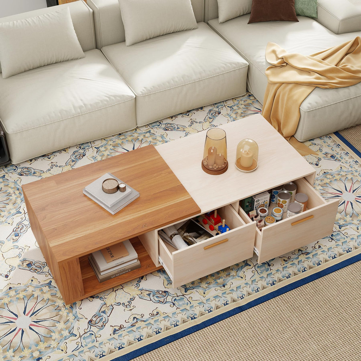 Aivermeil 42"- 65" Extendable Coffee Table with Storage, Reversible Wood Coffee Table with 2 Drawers, Two-Tone Large Adjustable Center Table for Living Room, Office (Walnut B) Aivermeil