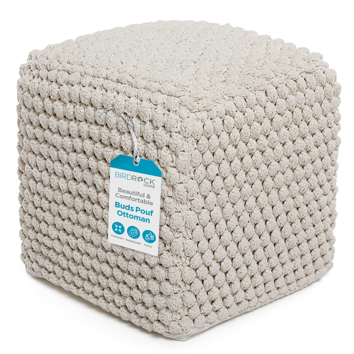 BIRDROCK HOME Buds Pouf Ottoman | Cotton Braided Foot Stool with Bead Filling | Boho Foot Rest for Living Room & Bedroom | Oversized, Sturdy & Comfortable Seating, Lightweight & Soft | Natural BIRDROCK HOME