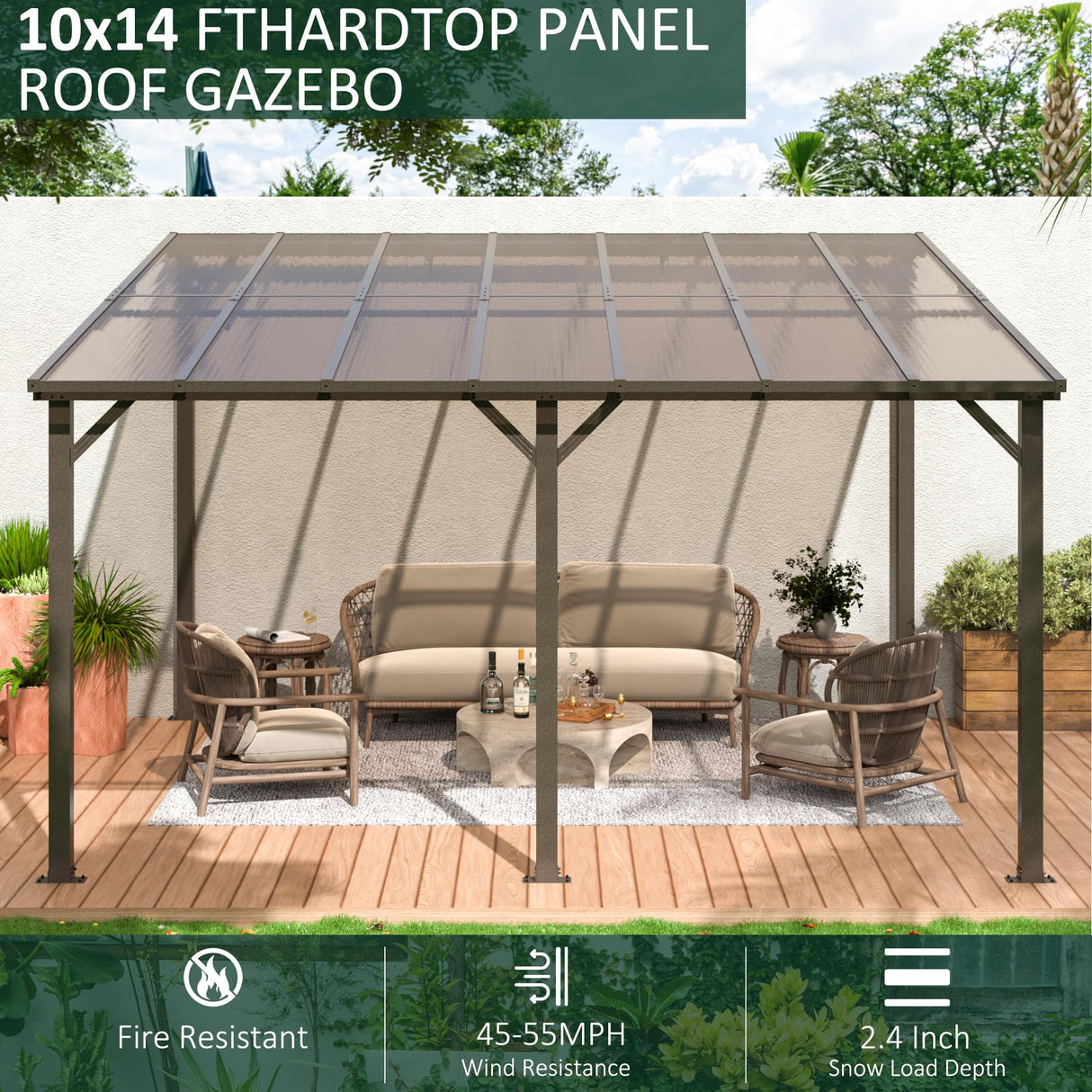 WKM 10x14 FT Wall Mounted Gazebo, Lean to Gazebo Hard Top, Decks, Porch and Backyard WKM
