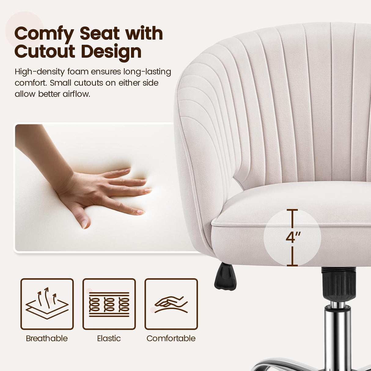 Yaheetech Cute Desk Chair Velvet Vanity Chair with Wheels Home Office Upholstered Modern Swivel Armchair with Tufted Barrel Back for Study, Vanity, Bedroom Cream Yaheetech