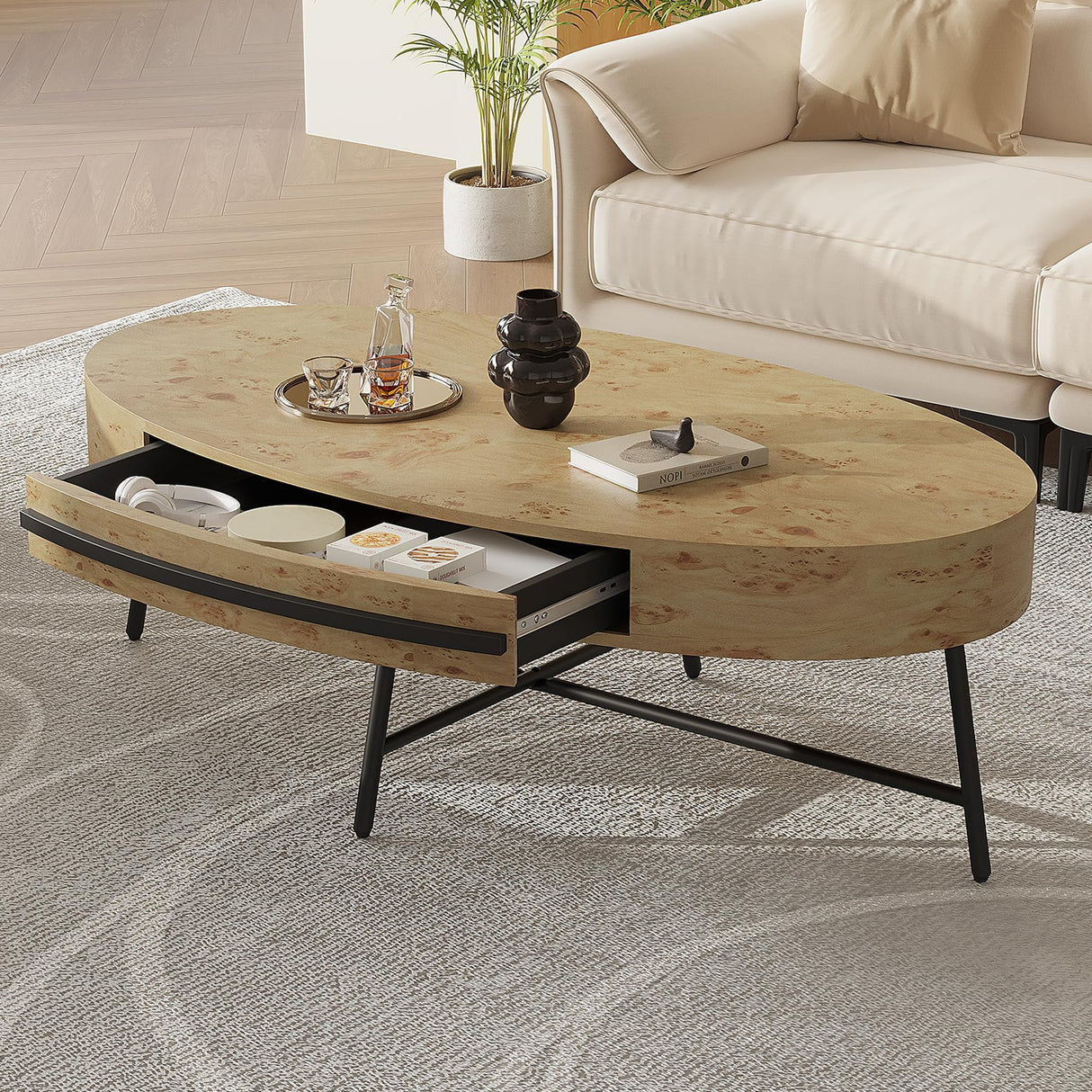 Oval Coffee Table with Drawer, Farmhouse Wooden Center Table 47.2" with Storage, Cross Metal Legs, Unique Curved Design, Center Tables for Living Room, Walnut Finish, Modern Rustic Accent Tea Table IDEALHOUSE