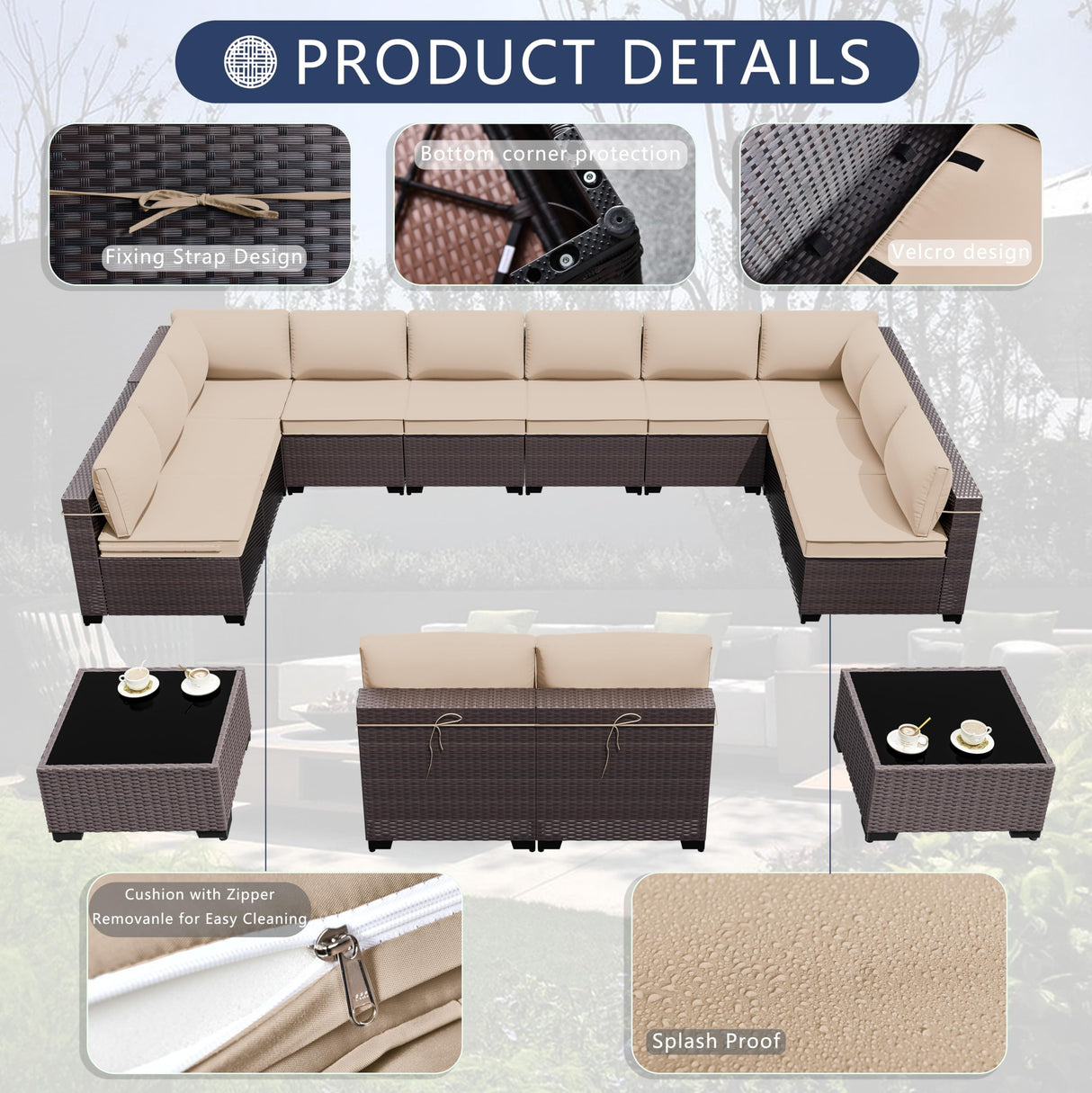 ASJMR Outdoor Patio Furniture Set, 14 Pieces Outdoor Sectional Furniture Patio Sofa, All-Weather PE Rattan Patio Conversation Set with Tempered Glass Top Table & Cushions(Brown). ASJMR