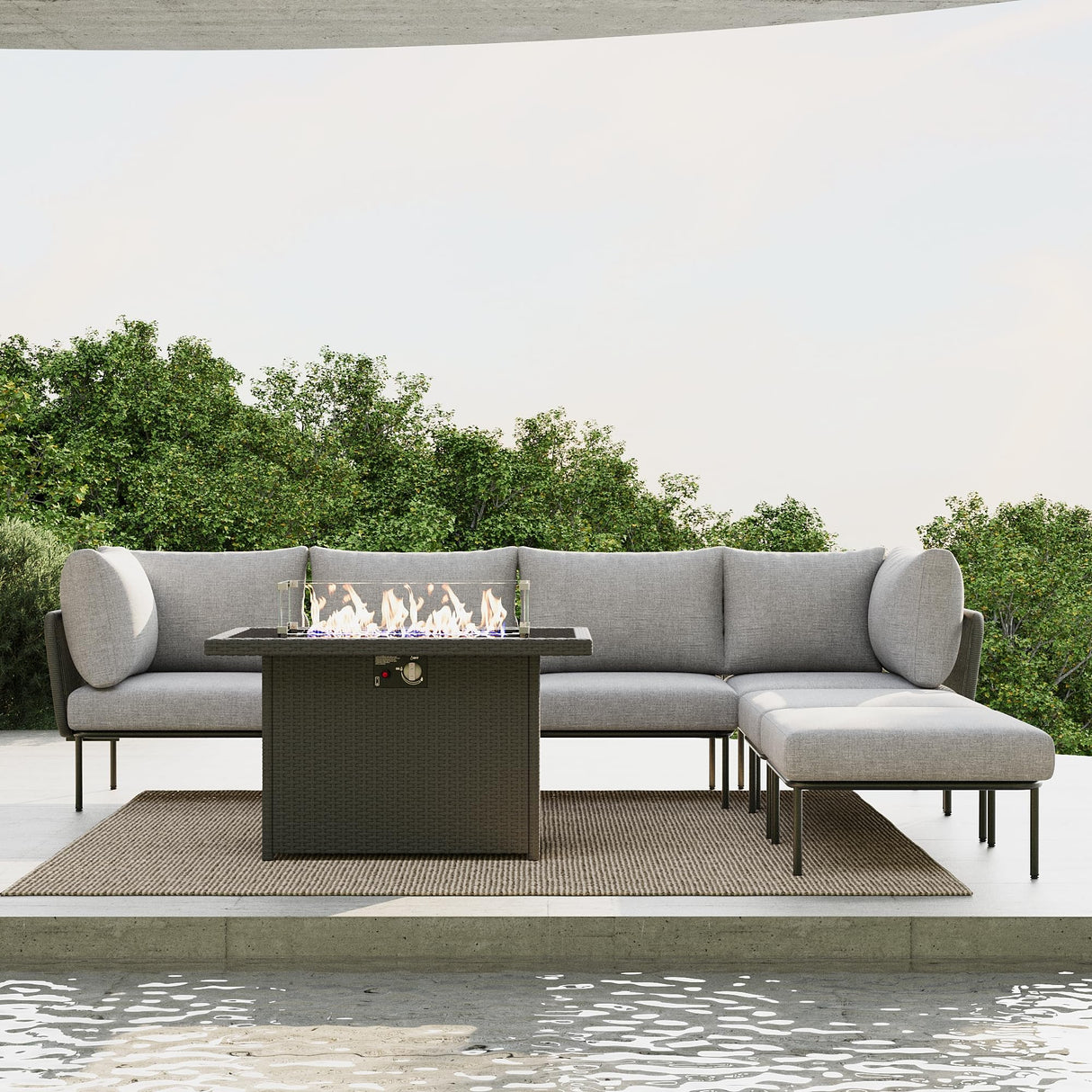 Vakollia 7 Piece Modern Outdoor Rope Wicker Sectional Patio L-Shaped Conversation Sofa Set Deep Seating with Fire Pit Table Vakollia