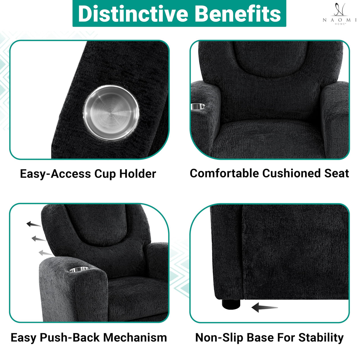 Naomi Home Suri Kids Recliner Chair with Cup Holder & Footrest, Black Chenille - Cozy Lounge for Toddlers & Children Naomi Home