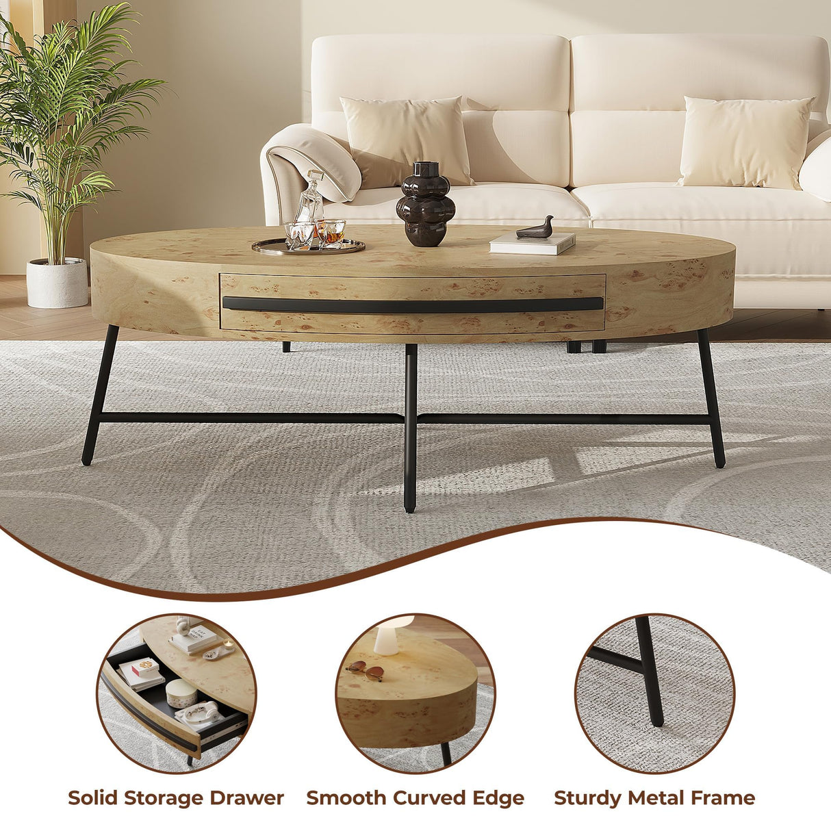 Oval Coffee Table with Drawer, Farmhouse Wooden Center Table 47.2" with Storage, Cross Metal Legs, Unique Curved Design, Center Tables for Living Room, Walnut Finish, Modern Rustic Accent Tea Table IDEALHOUSE