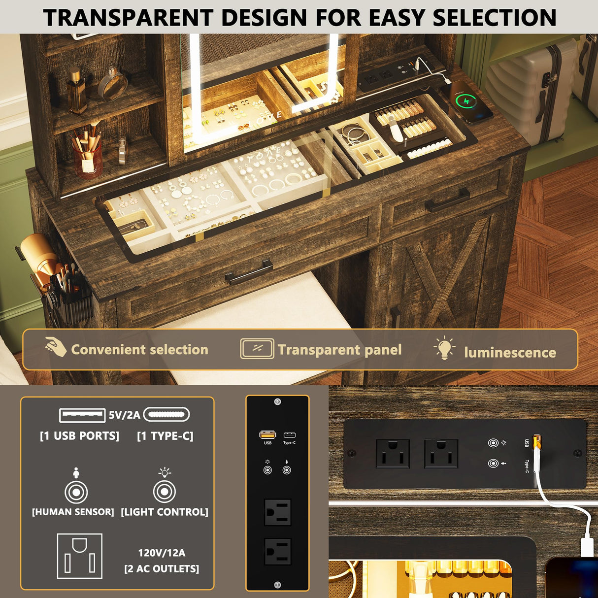 Farmhouse 3 in 1 Vanity Desk Mirror with Lights with Charging Station,Glass Top Vanity Table with Drawers&Shelves,Rustic Big Makeup Desk for Bedroom/Cloakroom,Stool Included, Dark Oak TAGELIER