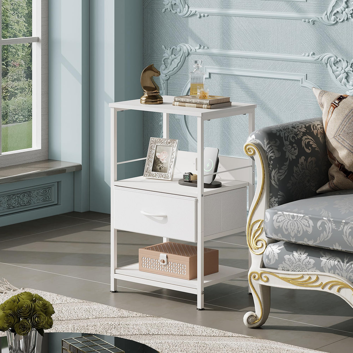 WLIVE White Night Stand with Charging Station, LED Nightstand with Adjustable Fabric Drawer, 3-Tier Storage Bedside Table, Small End Side Tables for Bedroom WLIVE