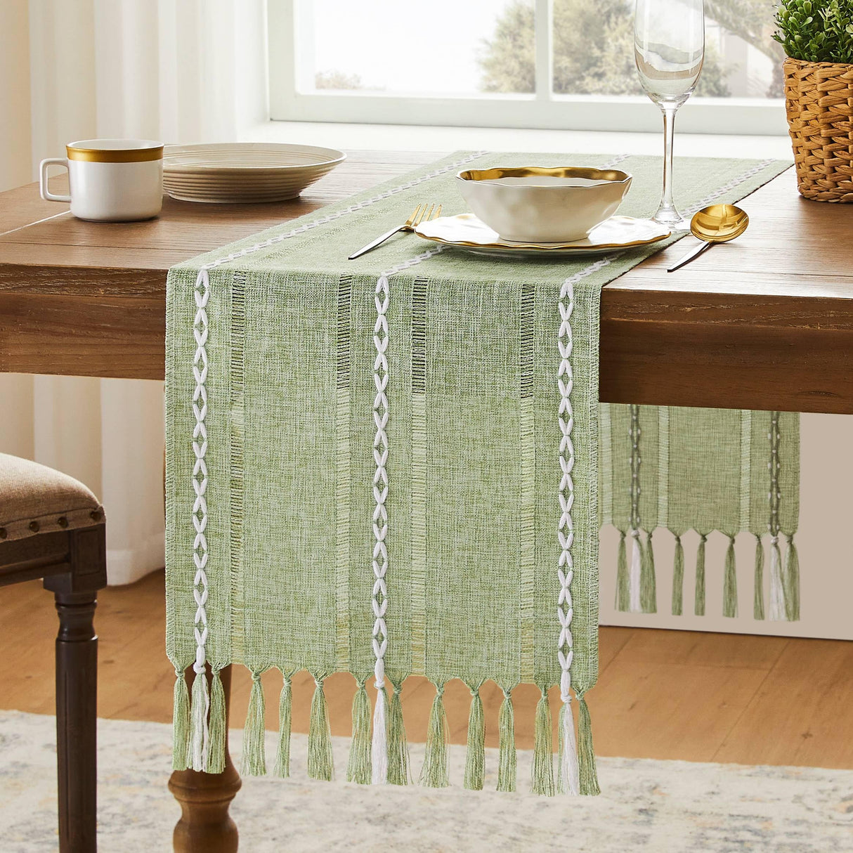 YZJZEDS Hemstitched Farmhouse Table Runner, Sage Green 13x72 Inch, Cotton Linen Table Runners 72 Inches Long, Embroidered Striped Sage Green Boho Table Runner Rustic Home Decor YZJZEDS