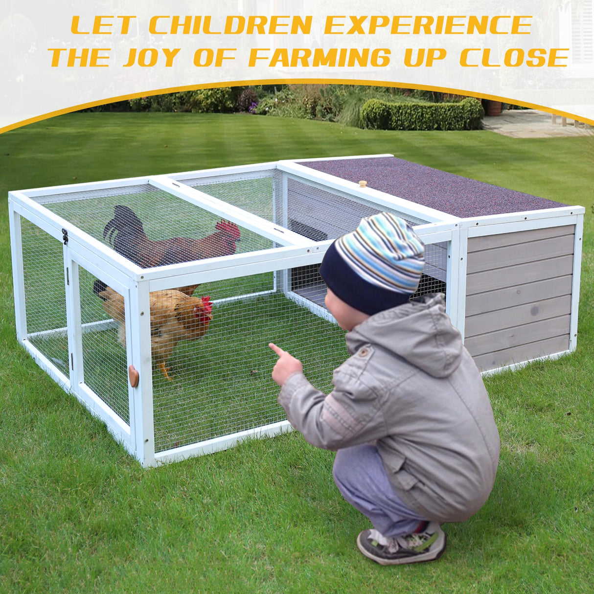 Chicken Coop with Run, 60” Rabbit Hutch Outdoor, Large Tortoise Habitat Pet Cage Wood Small Animal Poultry Cage Run with Waterproof Asphalt & Openable Roof and Side Door Rockever