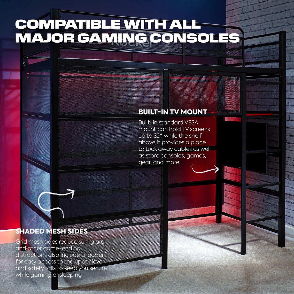 X Rocker Battle Den Twin Size Gaming Bunk Bed, Metal Frame with Grid Mesh Sides, High Sleeper, Fixed Ladder, Black X Rocker