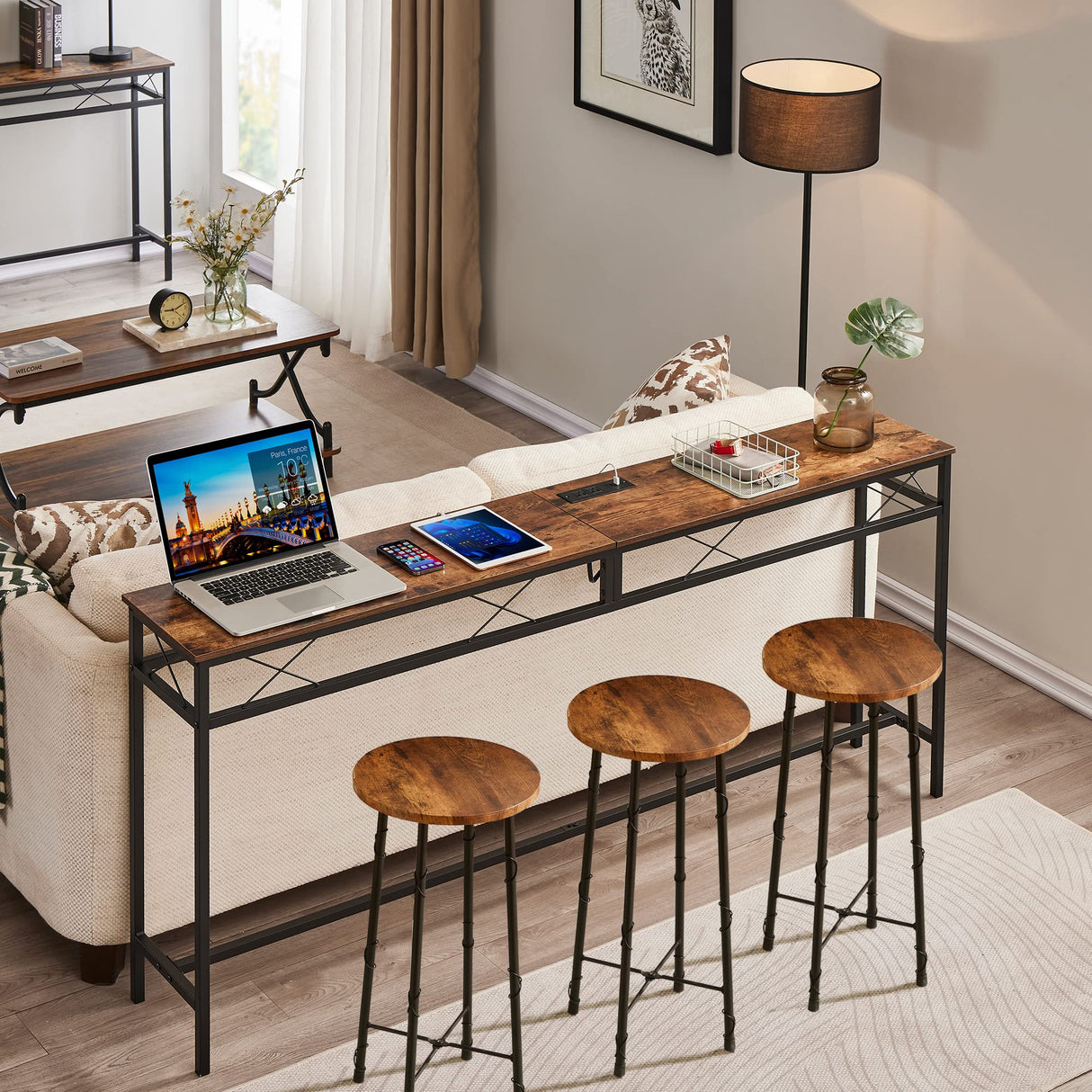 VECELO 55In Extra Long Narrow Sofa/Console Table with Charging Station & Power Outlet and USB Ports, for Entryway, Living Room, Office, Industrial, Brown VECELO