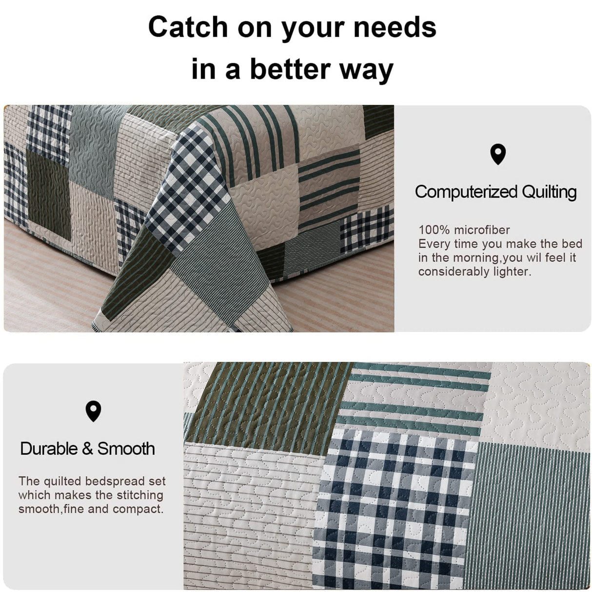 Jessy Home Bedspread Set Queen Size Quilt Set Bedding Lightweight Bedspread Plaid Patchwork Bedding Reversible Quilt Stripe Line Style Mens Quilts Coverlet Soft Breathable Bedspread Queen Bed Jessy Home