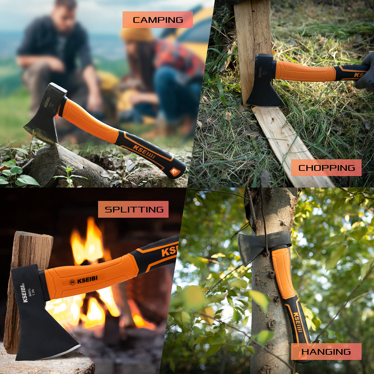KSEIBI Wood Axe, Small Outdoor Camp Hatchet for Splitting and Kindling Wood, Forged Steel Blade with Anti-Slip and Shock Reduction Handle Great Throwing Axes and Hatchets (Modern) KSEIBI
