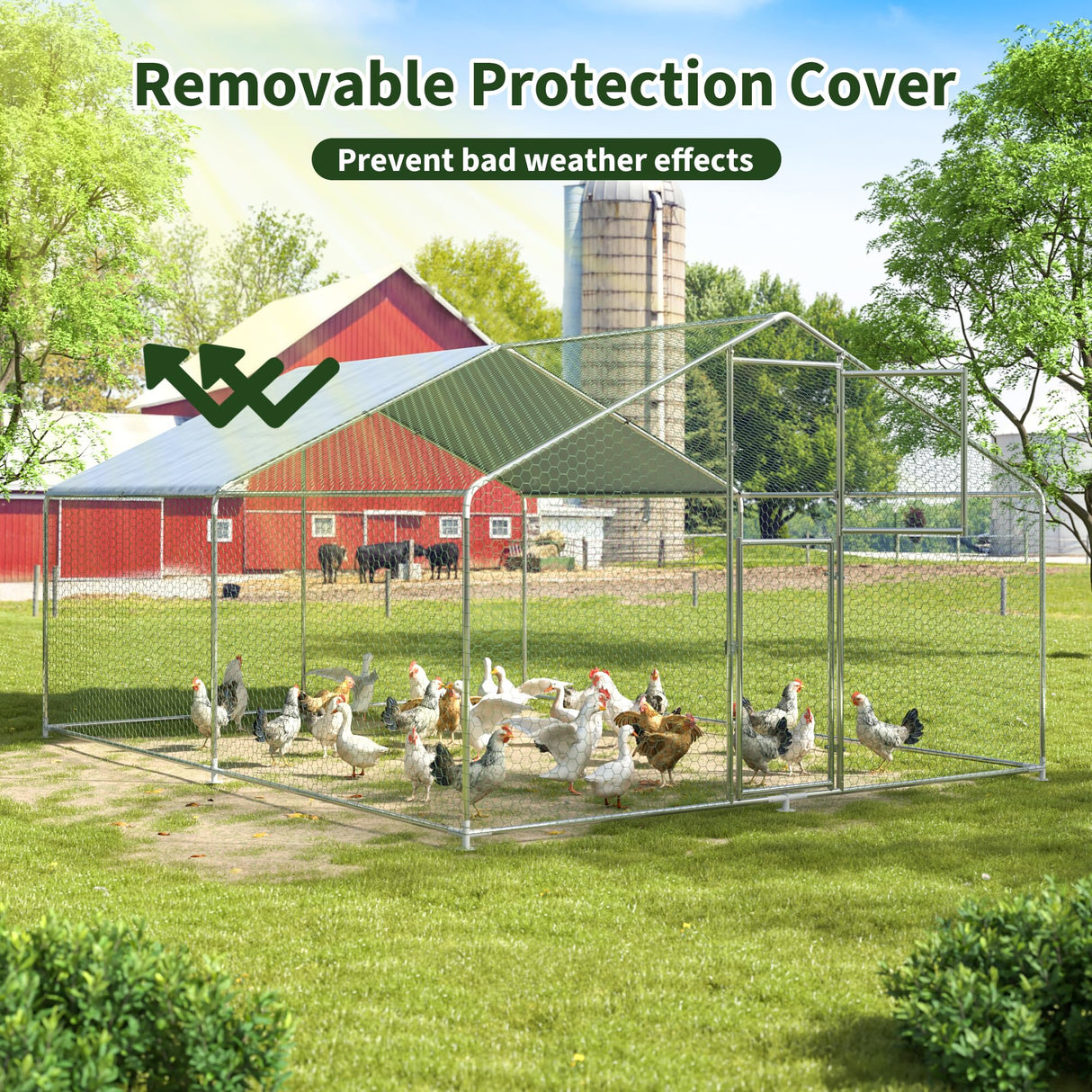 DAKITO Chicken Coop,Large Metal Chicken Run Pen,Walk in Chicken Coops for 10/40 Chickens,Double Door Chicken House with Waterproof & Anti-UV Cover for Backyard. (13.1x9.8x6.4 FT) DAKITO