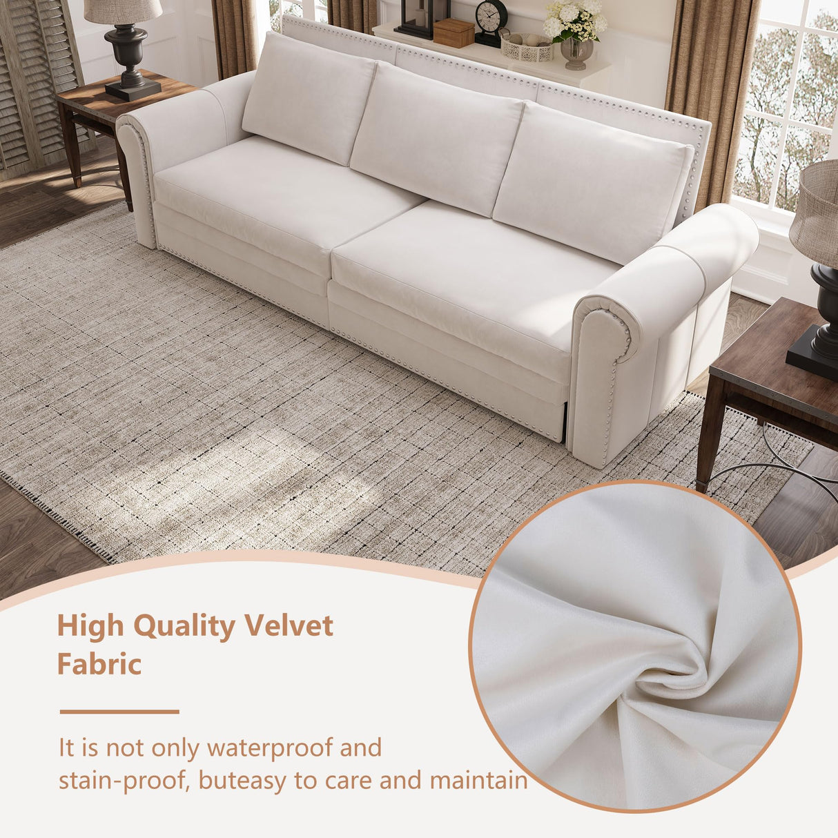 Tmsan 93.7" King Pull Out Sofa Bed, 3 in 1 Convertible Sleeper Sofa, 3 Seat Couch with Nailhead Trim & Rolled Arm for Living Room, Apartment, Office, Beige Velvet Tmsan