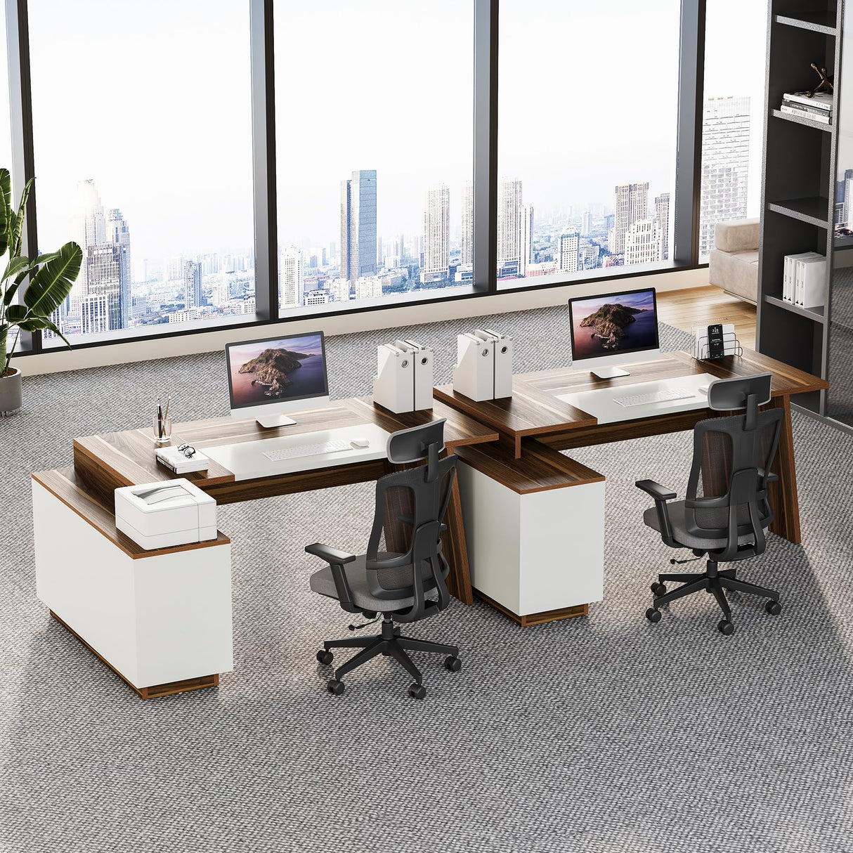 LITTLE TREE 70.5-Inch Executive Desk, Large Home Office Desk with Storage Cabinet and Open Shelves, L-Shaped Computer Corner Desk, Workstation for Office Home, Walnut and Black LITTLE TREE