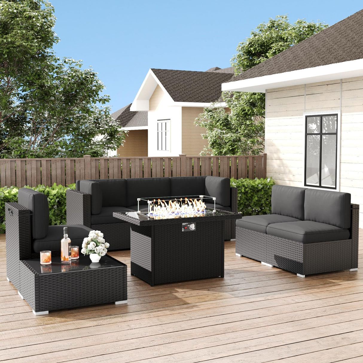 LayinSun 8 Pieces Patio Furniture Set with Fire Pit Table, Black Rattan Modular Sectional Patio Conversation Sofa Set LayinSun