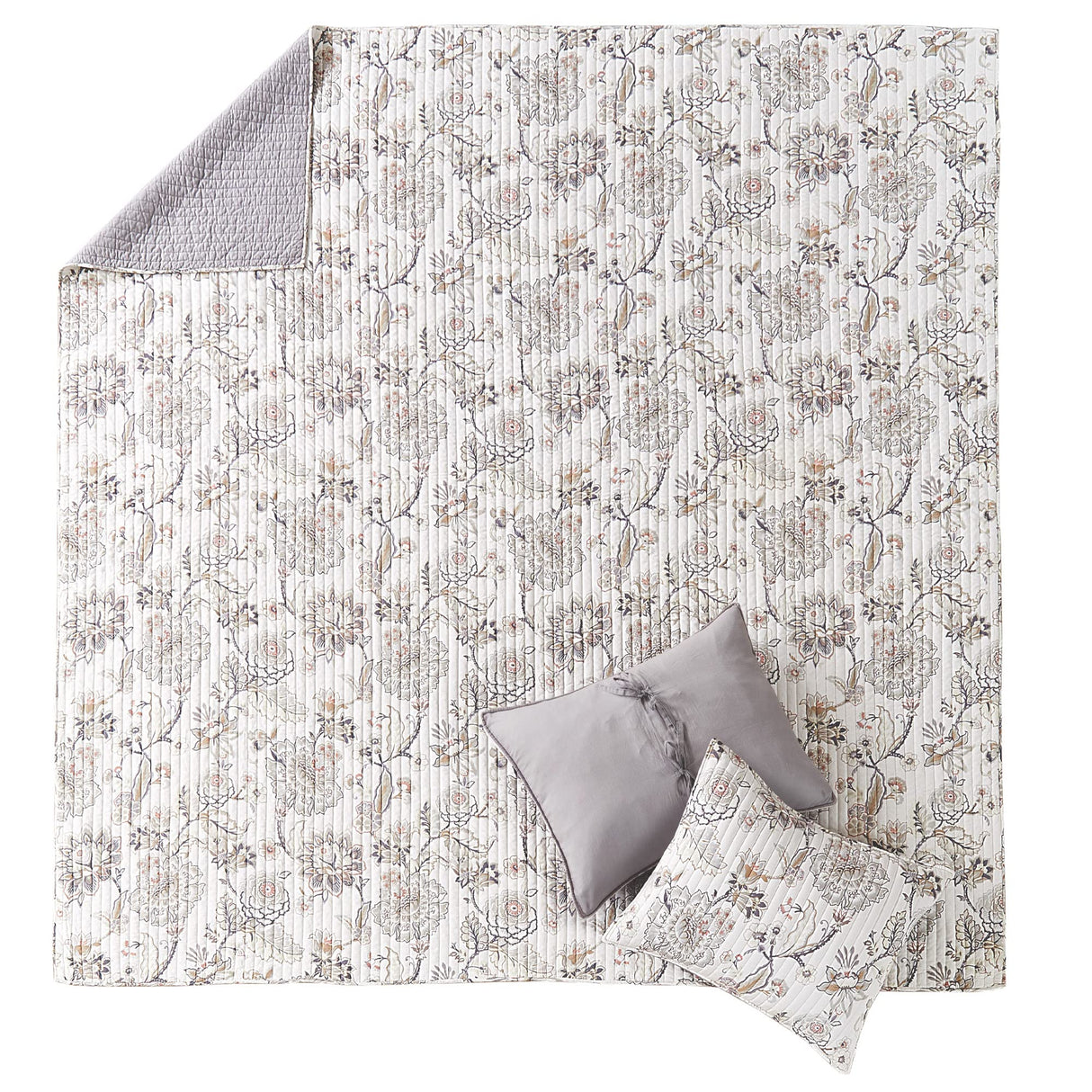 Levtex Home - Ophelia Quilt Set - King Quilt and Two King Shams - Floral - Taupe Grey Cream Blush - Quilt (106x92in.) and Shams (20x36in.) - Reversible - Rayon/Cotton Levtex Home