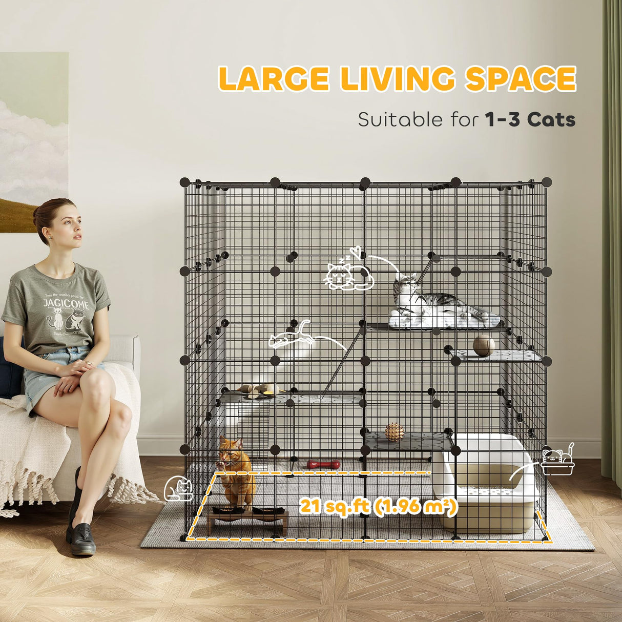 PawHut Cat Cage, 4 x 4 x 4 DIY 4 Tier Cat Enclosure, Detachable Wire Indoor Catio with Hammock, Jumping Platforms, Ramps, Doors, for 1-3 Kittens, 55" L x 55" W x 55" H, Black PawHut