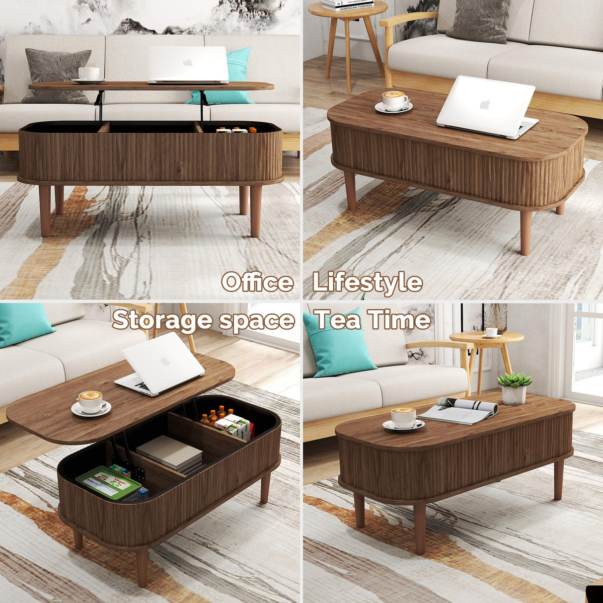 Fluted Lift Top Coffee Table with Hidden Storage, Oval Coffee Table with Lifting Top, Mid Century Modern Design for Living Room, Office & Small Spaces(Walnut) Cuzobro