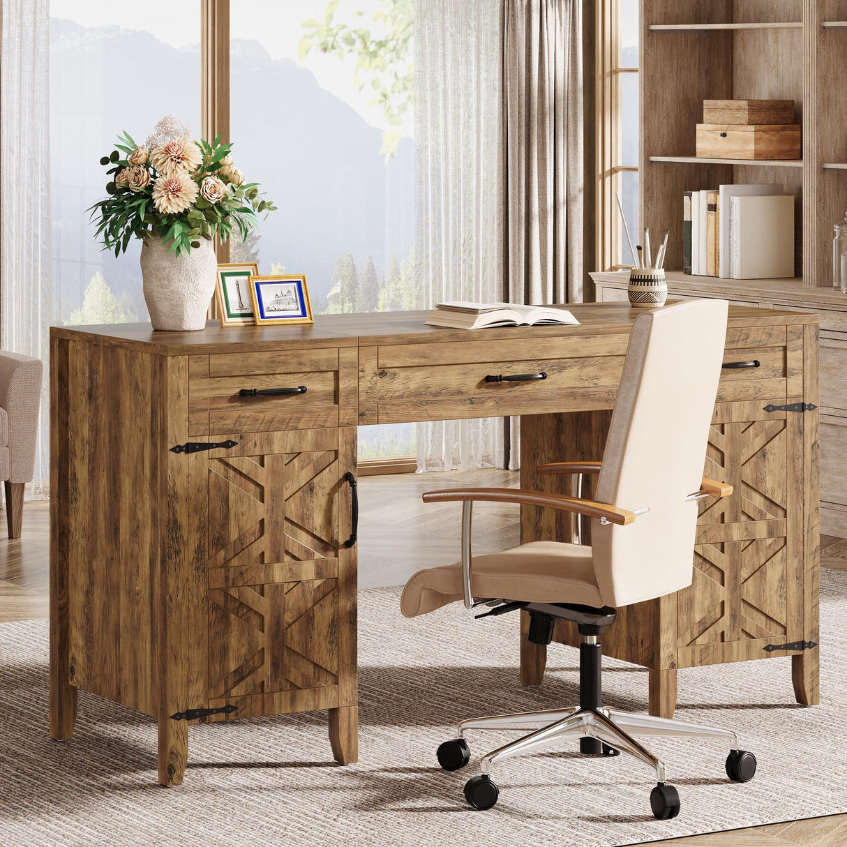 Tribesigns Farmhouse Executive Desk, 59-Inch Executive Computer Desk with File Drawers and Storage Cabinets, Rustic Writing and Study Desks for Home Office Tribesigns