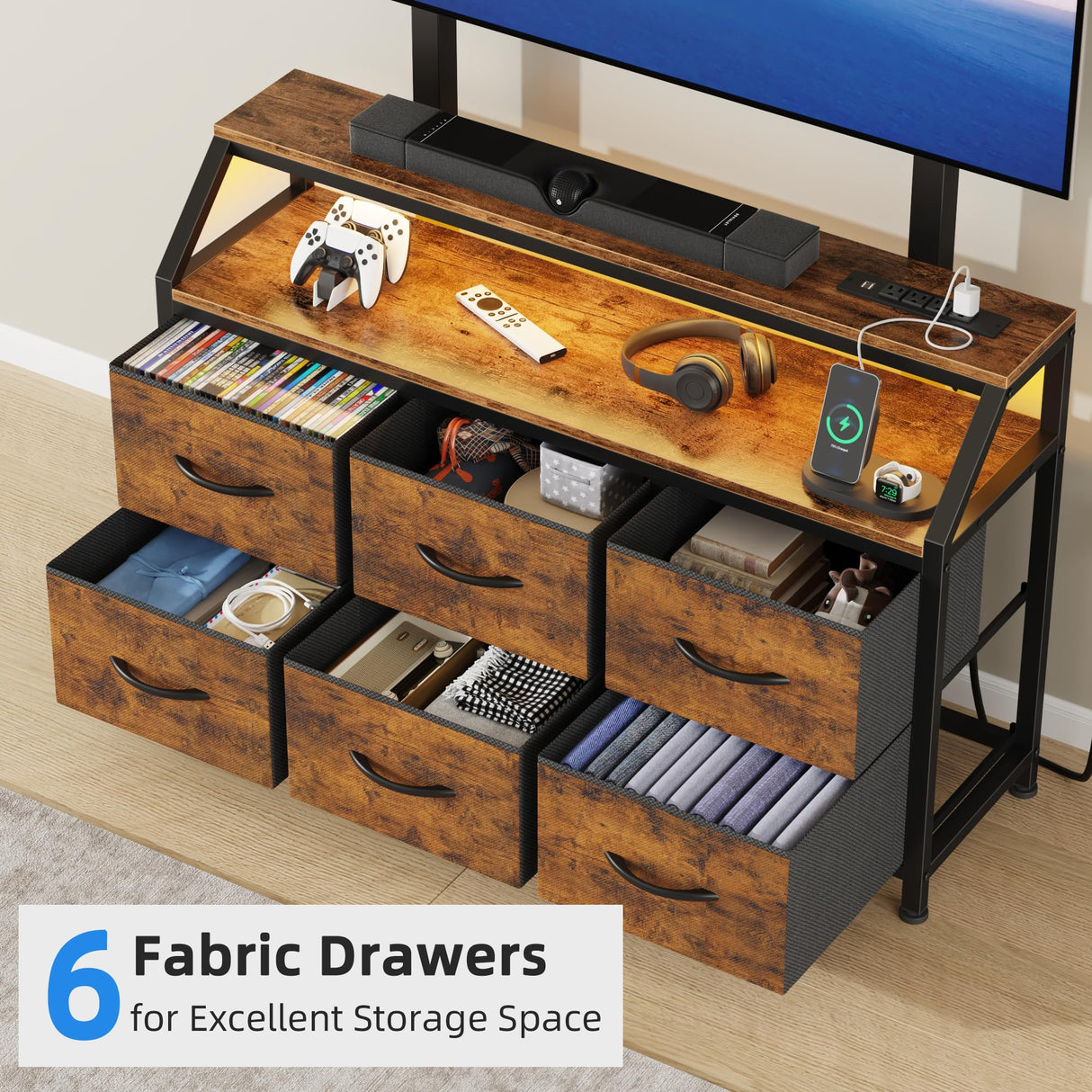 GYIIYUO LED TV Stand with Mount and Power Outlet & 6 Fabric Drawers for 32-75 Inches TV - Entertainment Center and Industrial TV Dresser Console Table for Living Room, Bedroom- 47" Rustic Brown GYIIYUO